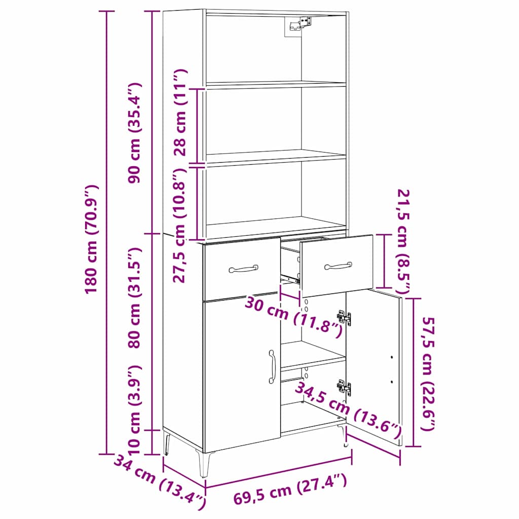 Highboard Staro drvo 69,5 x 34 x 180 cm Konstruirano drvo