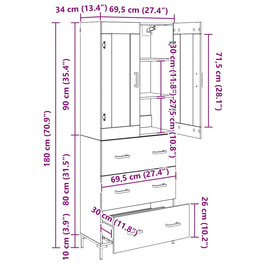 Highboard s ladicama 2 pcs Staro drvo Konstruirano drvo