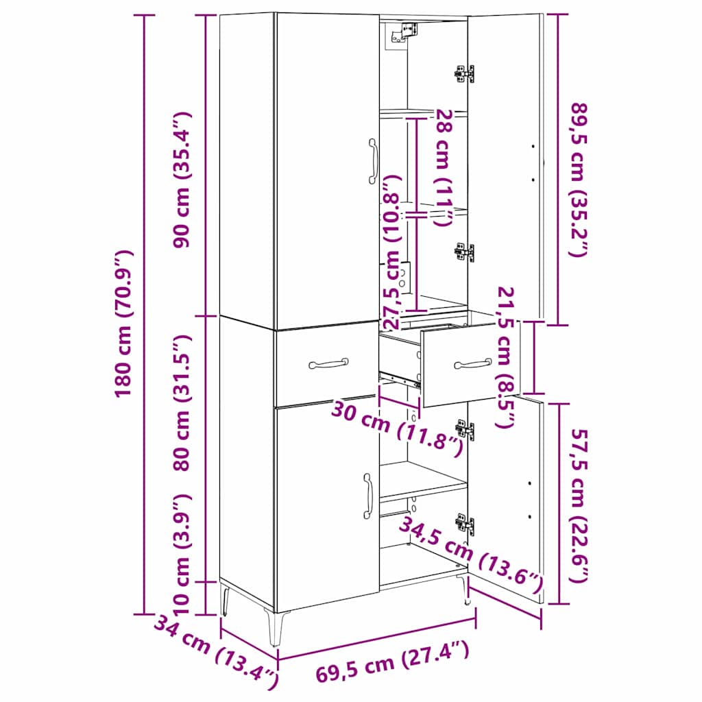 Highboard Zidne Staro drvo 69,5 x 34 x 180 cm Konstruirano drvo