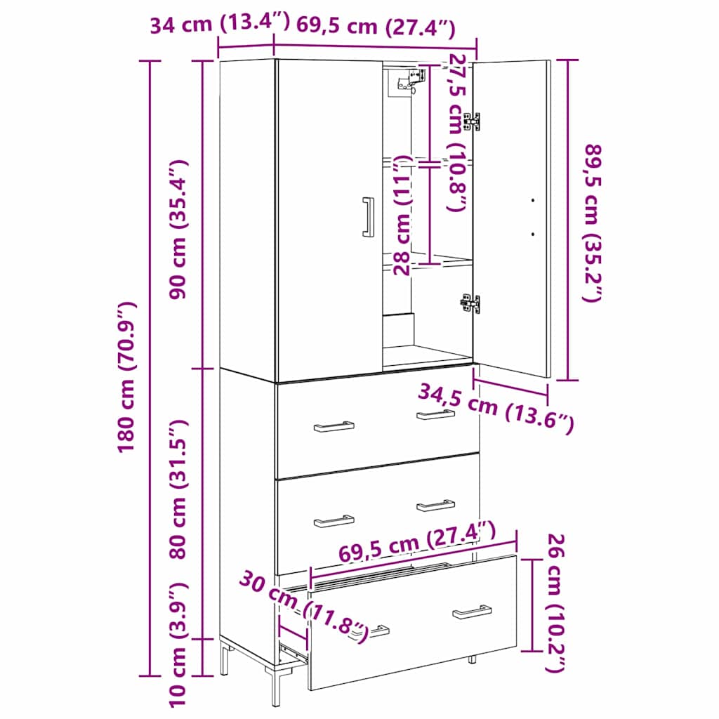 Highboard Zidne Staro drvo 69,5 x 34 x 180 cm Konstruirano drvo