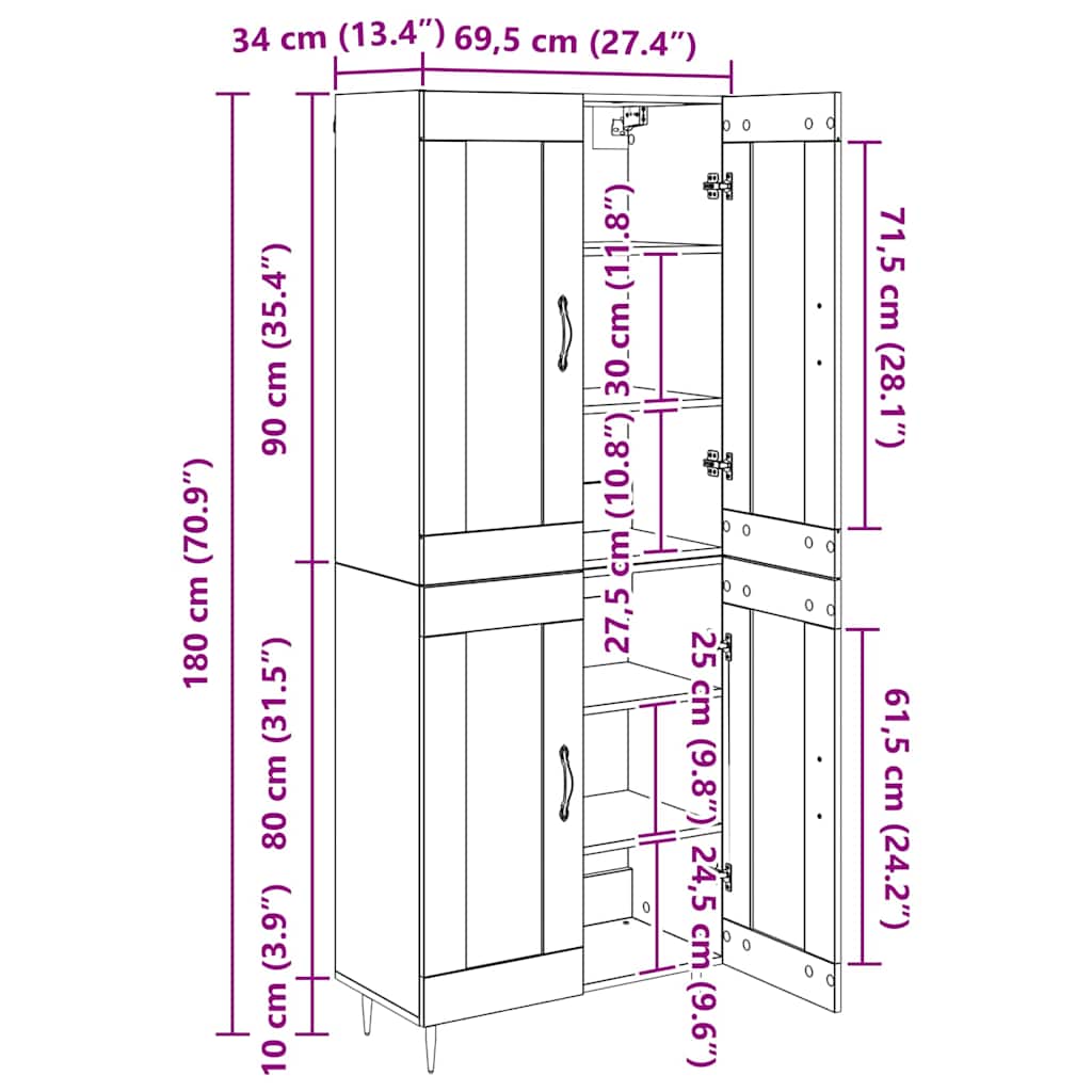 Highboard 2 kom. Staro drvo 69,5 x 34 x 180 cm