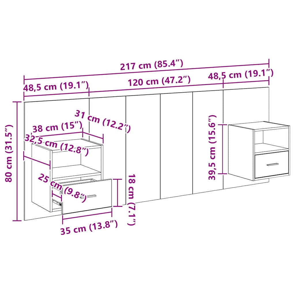 Uzglavlje s ormarićem Zidne 3 pcs Staro drvo Konstruirano drvo