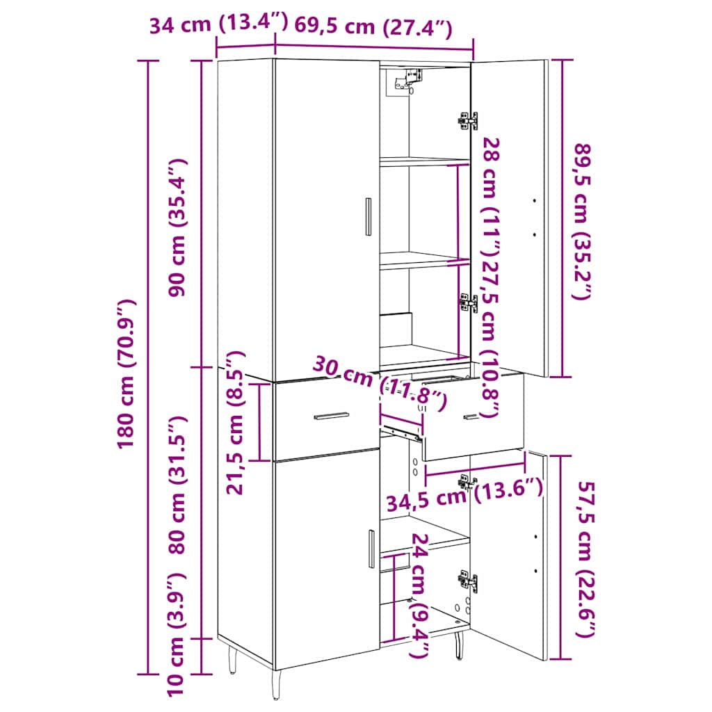 Highboard s ladicama 2 pcs Staro drvo Inženjerska drva i staklo