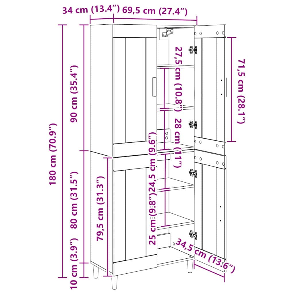 Highboard Staro drvo 69,5 x 34 x 180 cm Konstruirano drvo