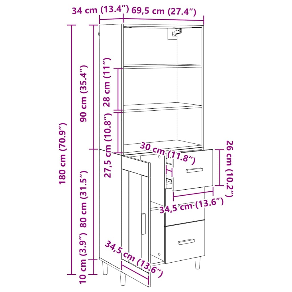 Highboard Staro drvo 69,5 x 34 x 180 cm Konstruirano drvo