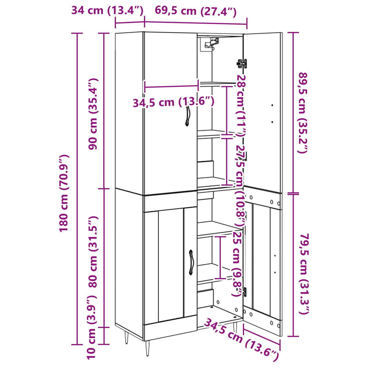 Highboard Staro drvo 69,5 x 34 x 180 cm Konstruirano drvo