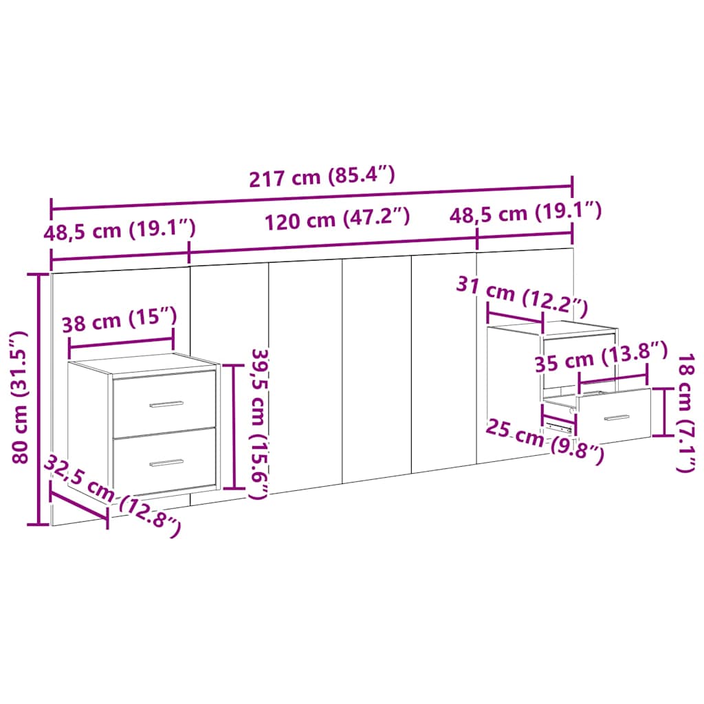 Uzglavlje s ormarićem Zidne 3 pcs Staro drvo Konstruirano drvo