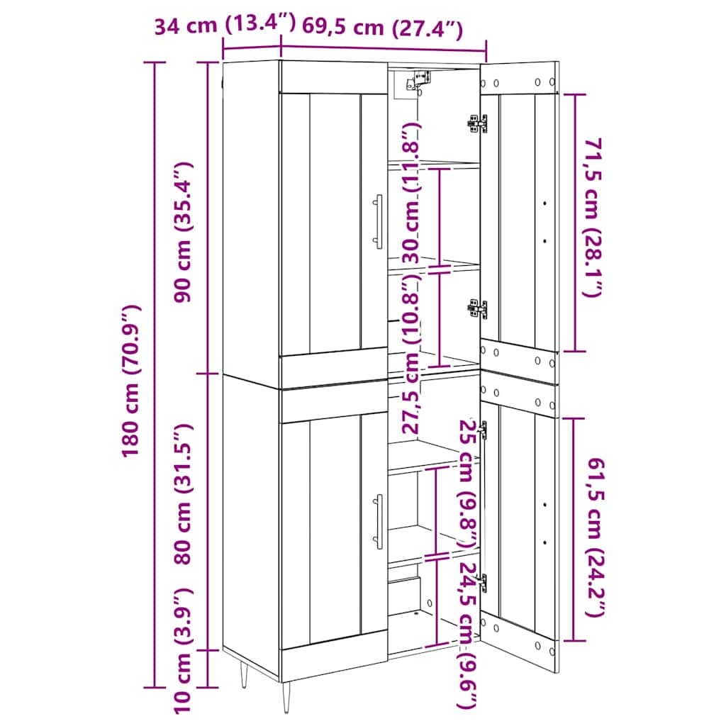 Highboard Umjetnički hrast 69,5 x 34 x 180 cm Konstruirano drvo
