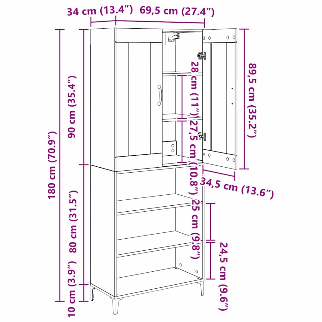 Highboard Umjetnički hrast 69,5 x 34 x 180 cm Konstruirano drvo