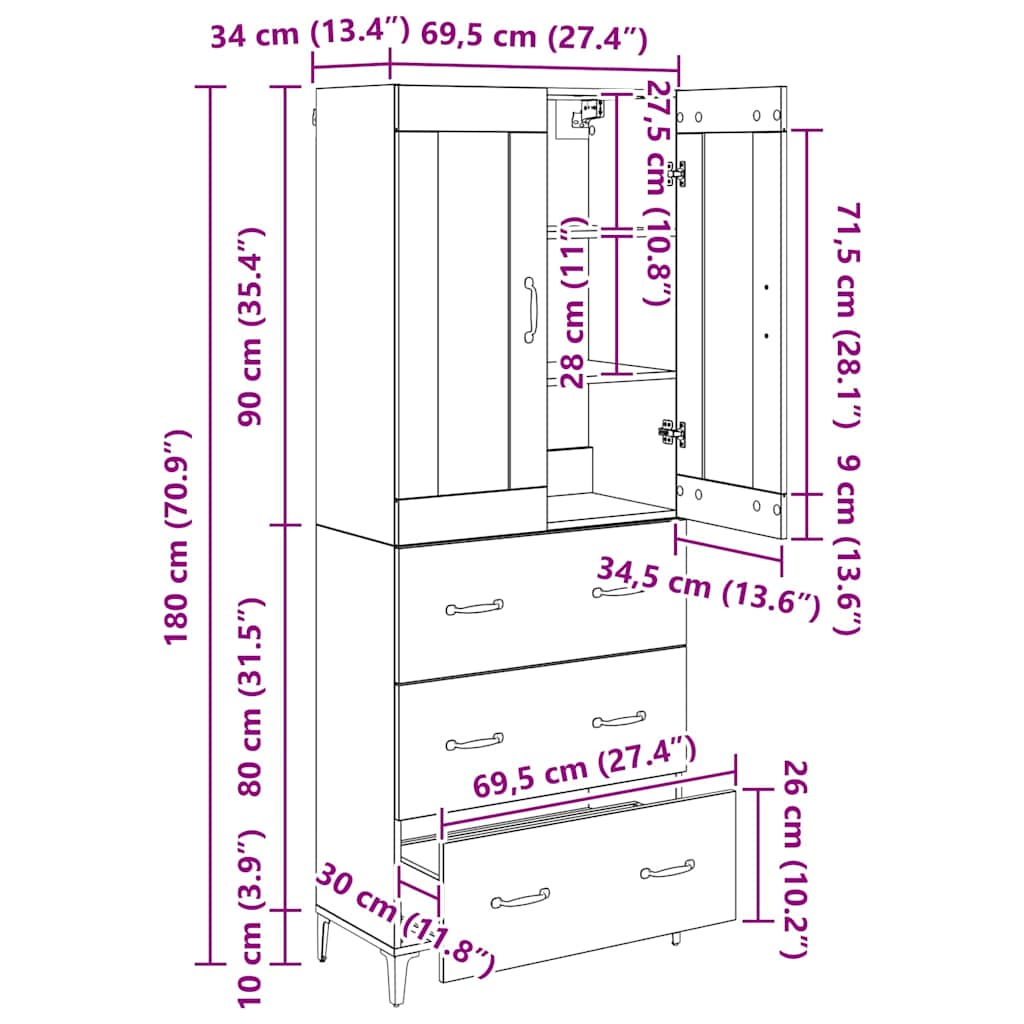 Highboard Umjetnički hrast 69,5 x 34 x 180 cm Konstruirano drvo