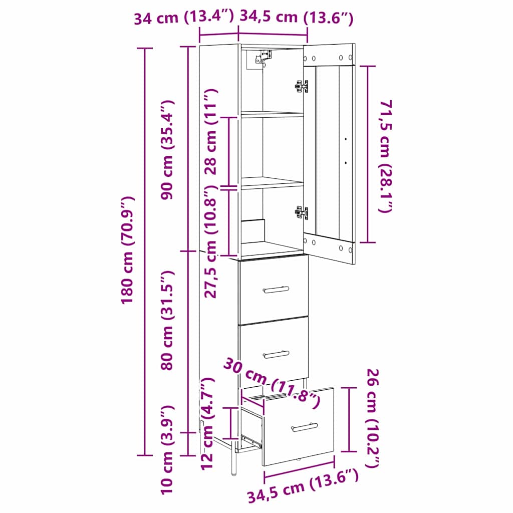 Highboard Umjetnički hrast 34,5 x 34 x 180 cm Konstruirano drvo