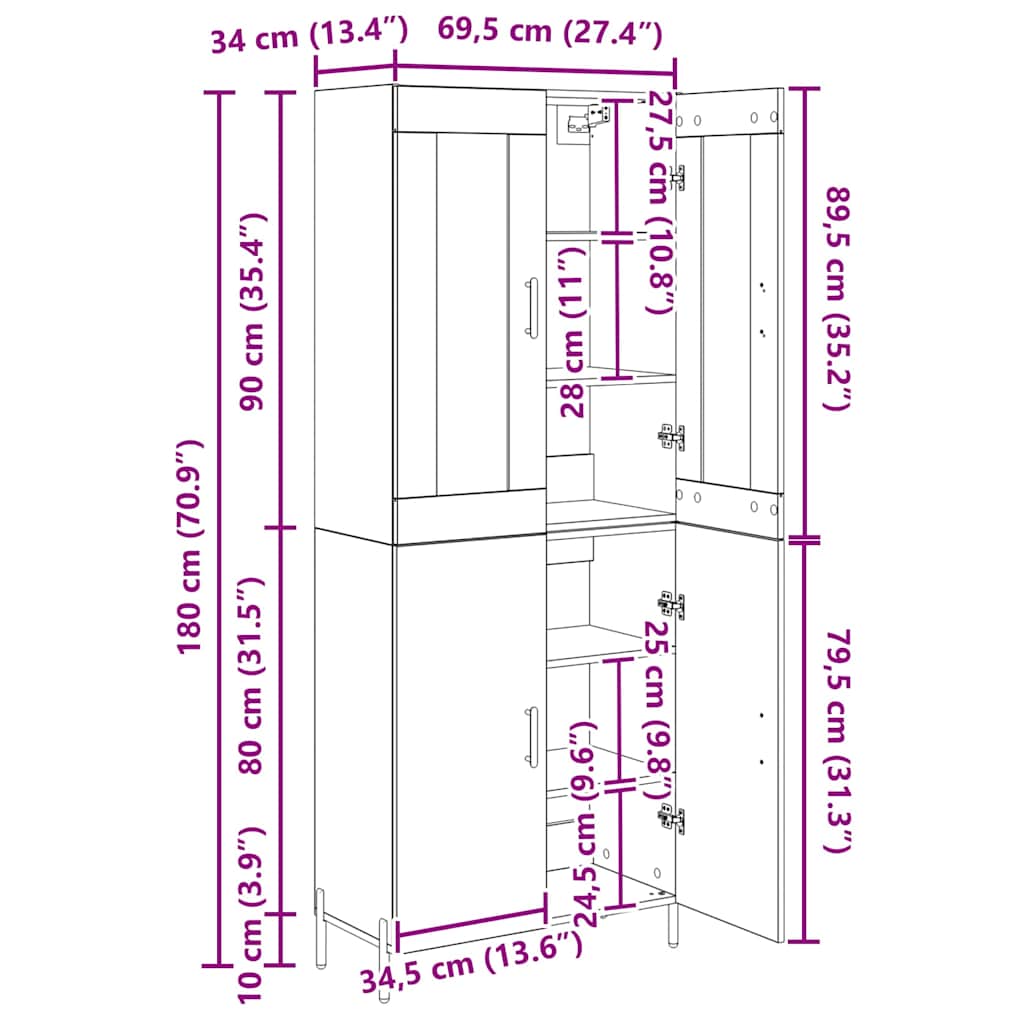 Highboard Umjetnički hrast 69,5 x 34 x 180 cm Konstruirano drvo