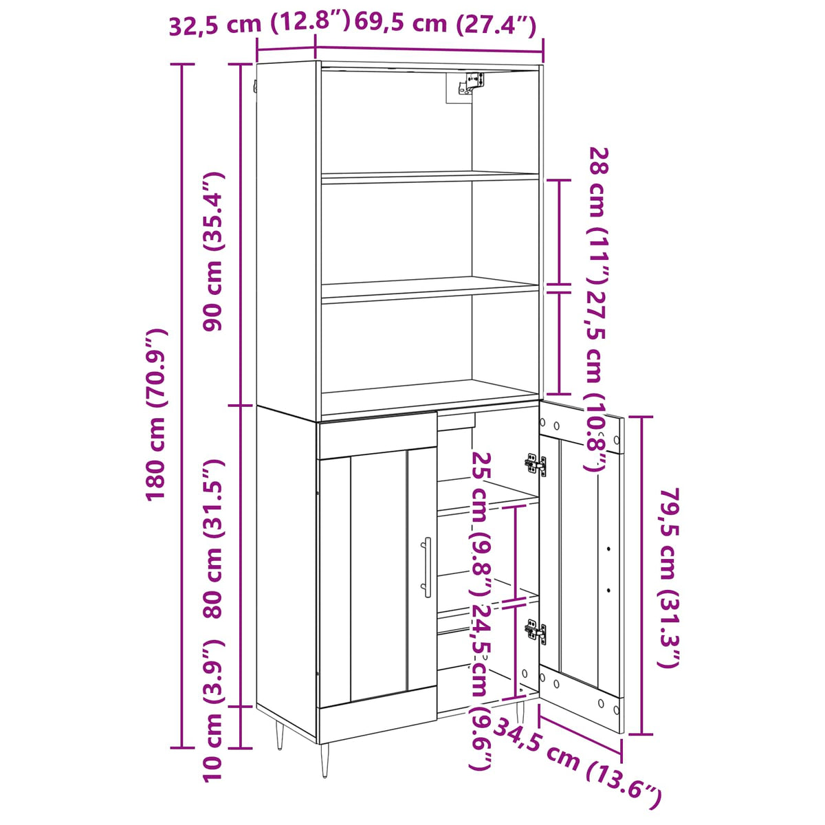 Highboard Umjetnički hrast 69,5 x 34 x 180 cm Konstruirano drvo
