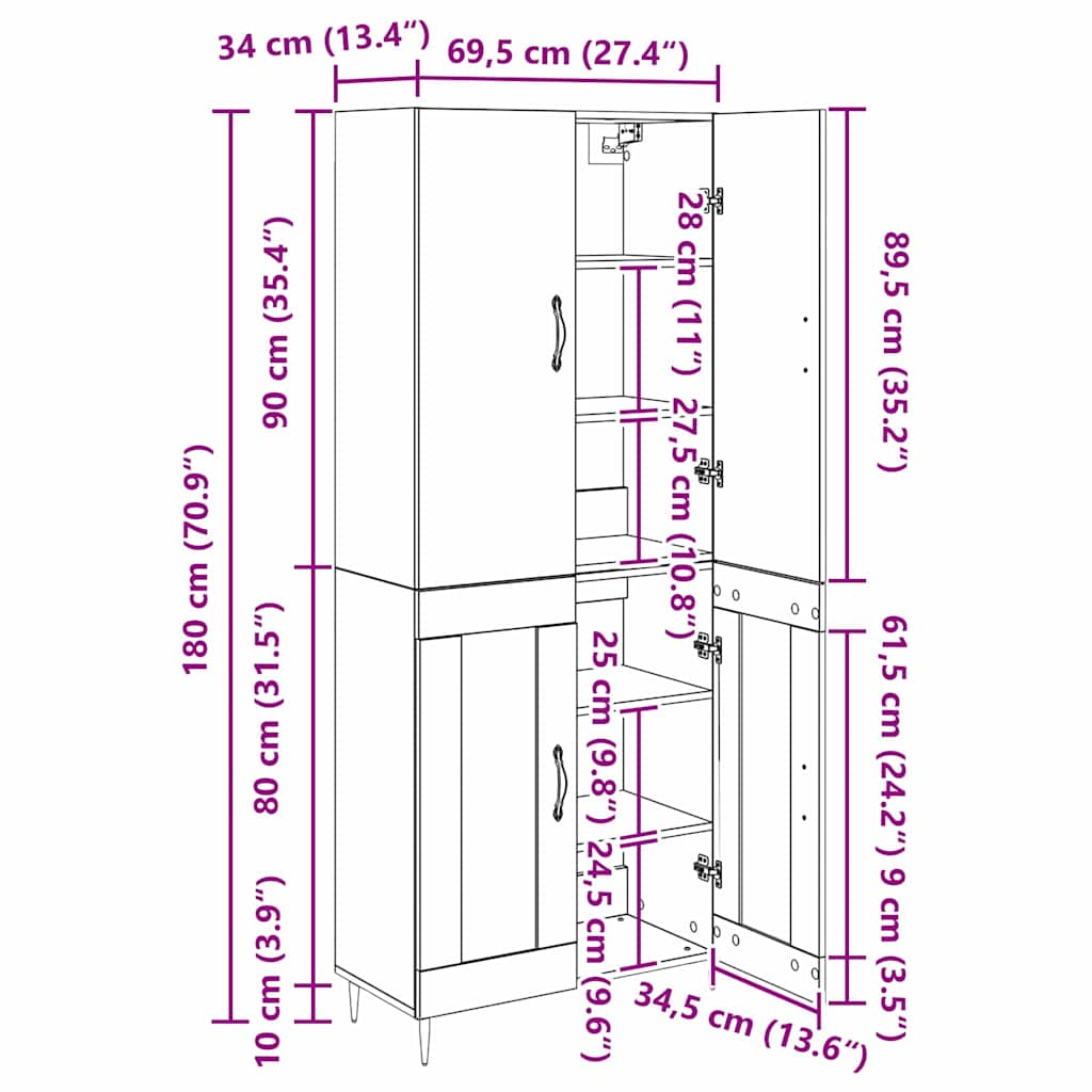 Highboard Umjetnički hrast 69,5 x 34 x 180 cm Konstruirano drvo