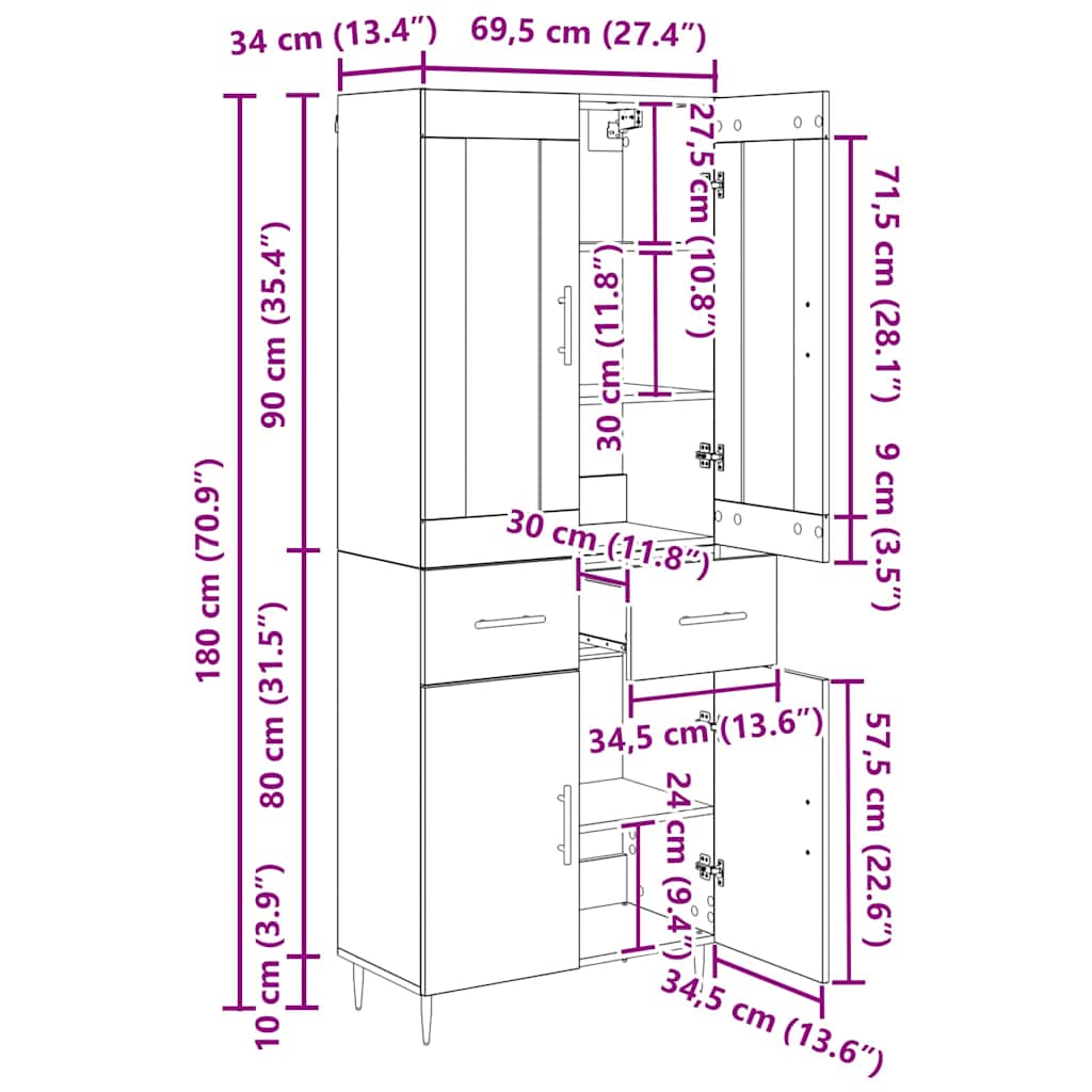 Highboard s ladicama 2 pcs Umjetnički hrast Konstruirano drvo