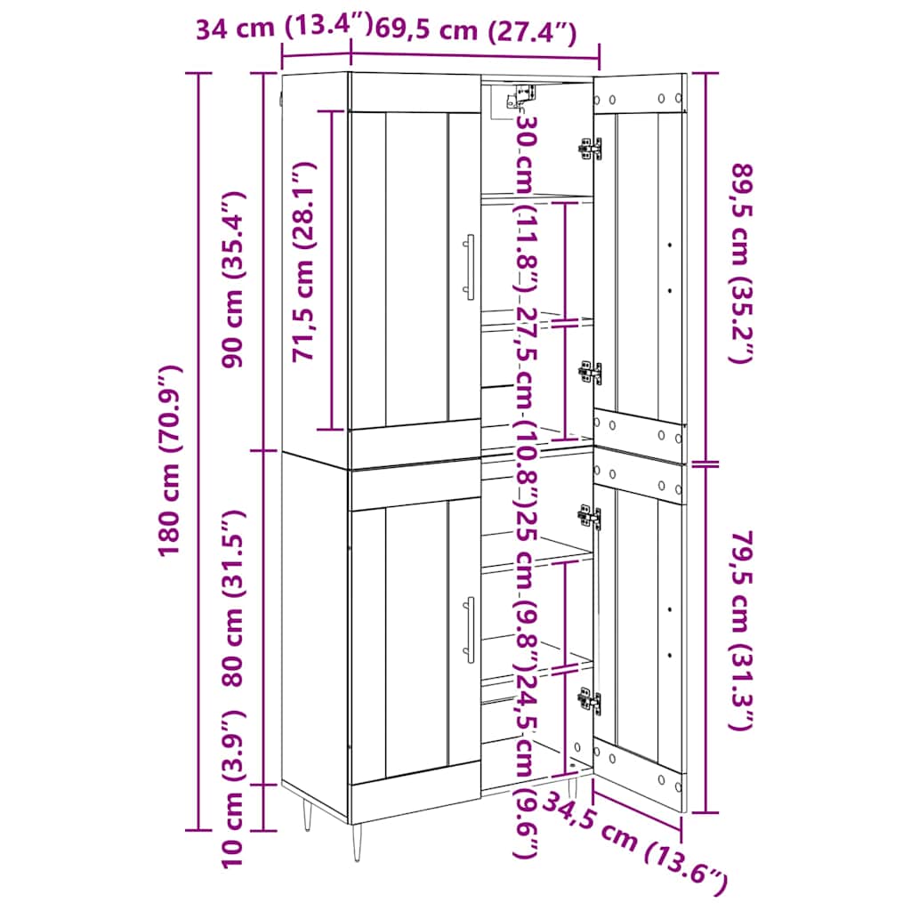 Highboard Crni hrast 69,5 x 34 x 180 cm Konstruirano drvo