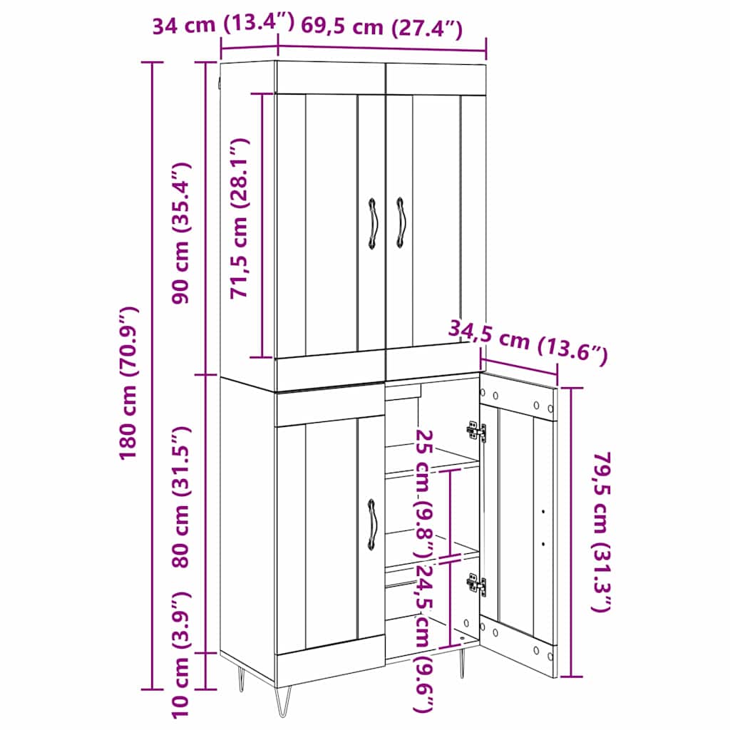 Highboard Crni hrast 69,5 x 34 x 180 cm Konstruirano drvo