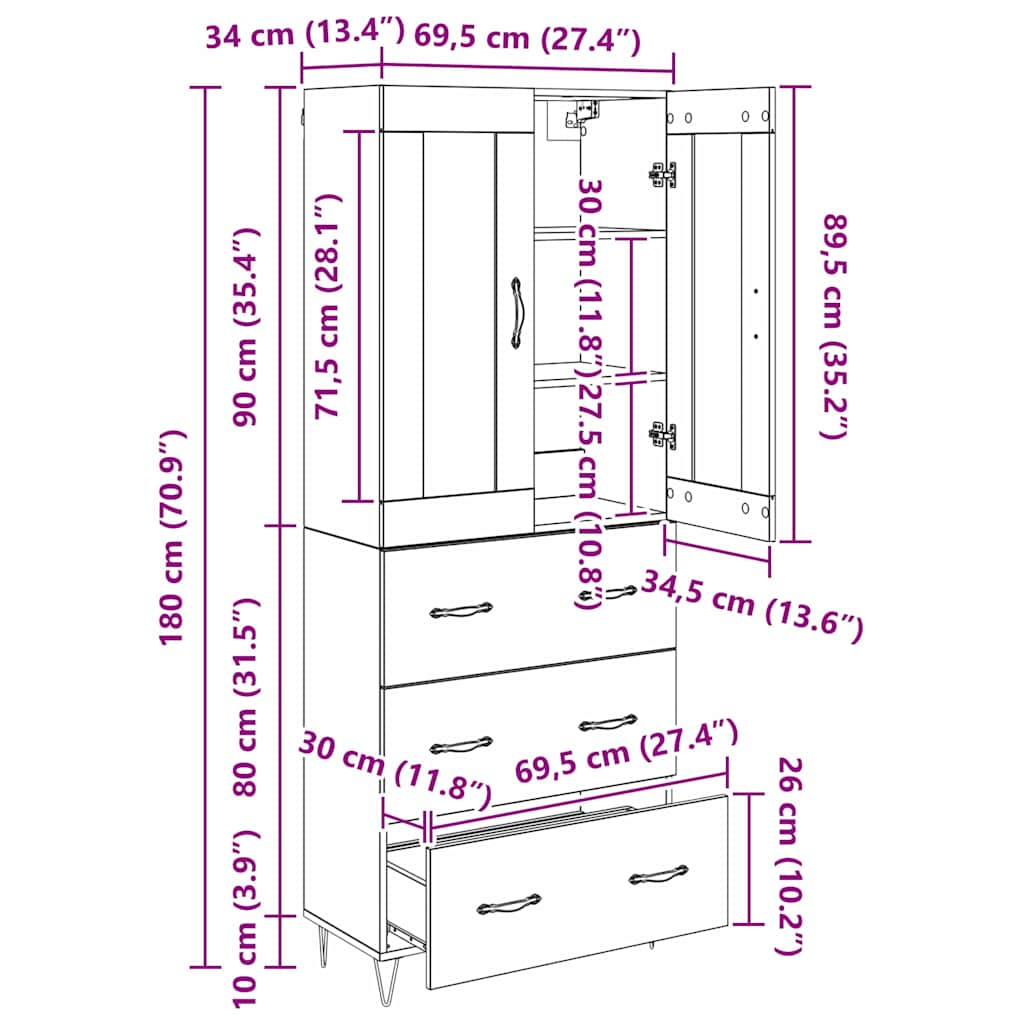 Highboard Crni hrast 69,5 x 34 x 180 cm Konstruirano drvo