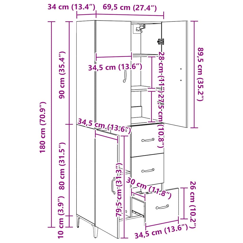 Highboard Zidne Crni hrast 69,5 x 34 x 180 cm Konstruirano drvo