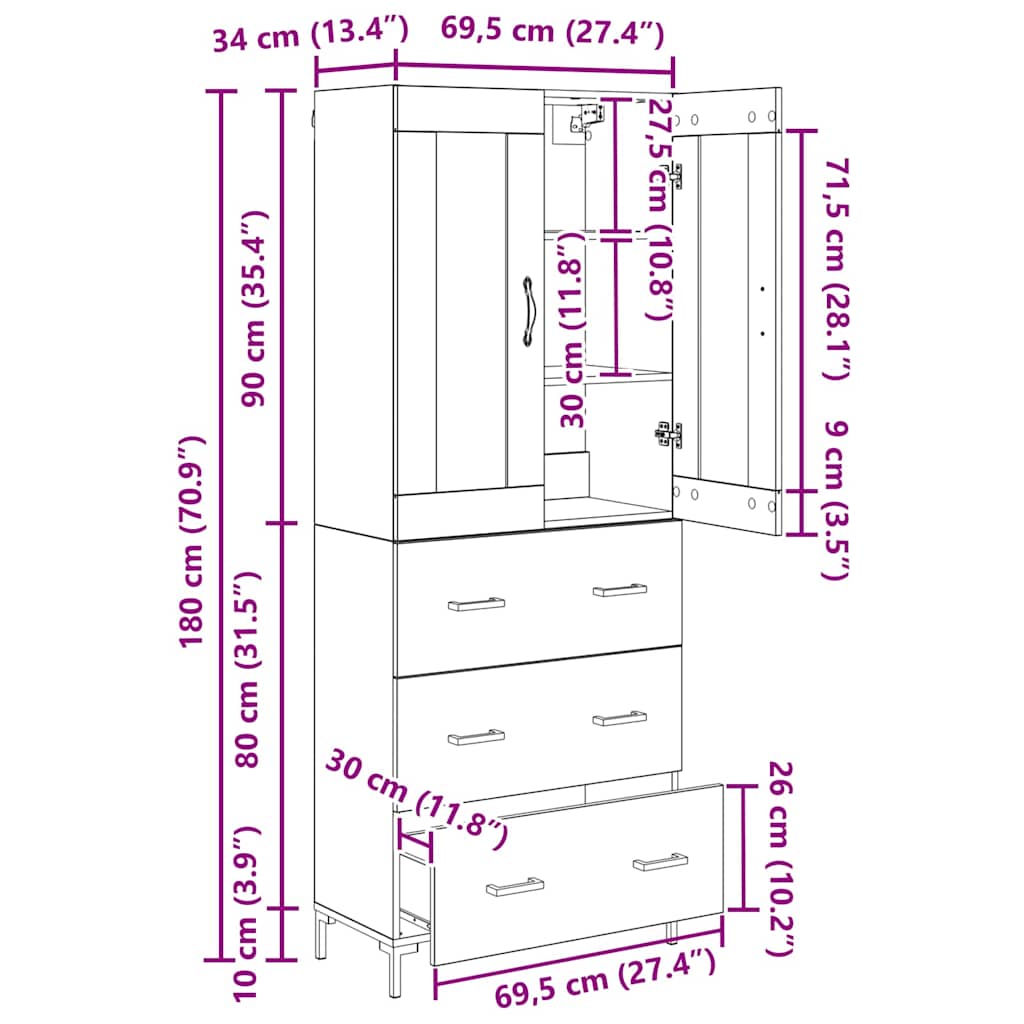 Highboard s ladicama 2 pcs Crni hrast Konstruirano drvo