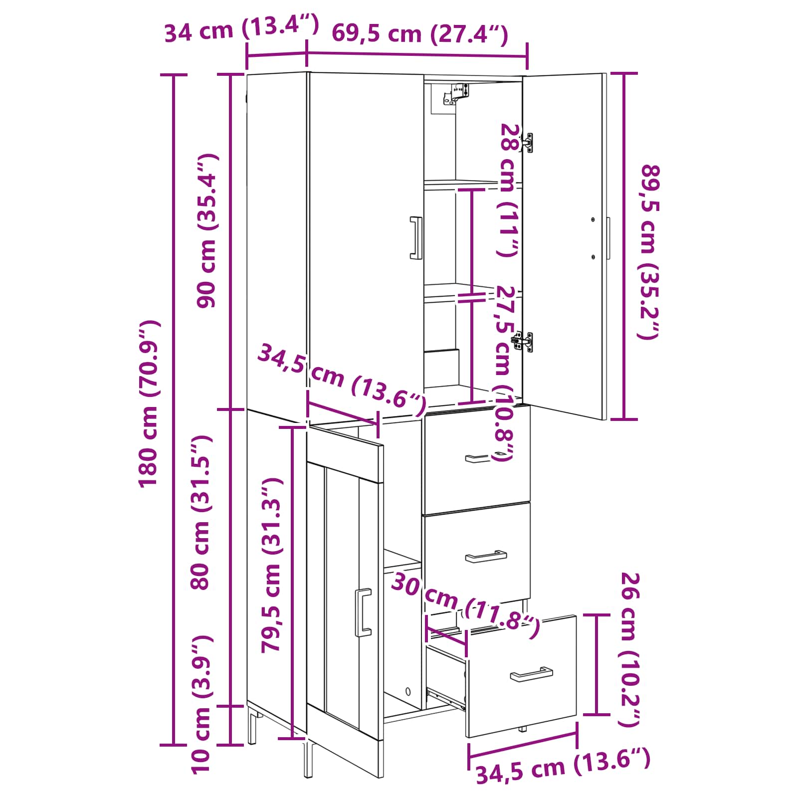 Highboard Zidne Crni hrast 69,5 x 34 x 180 cm Konstruirano drvo