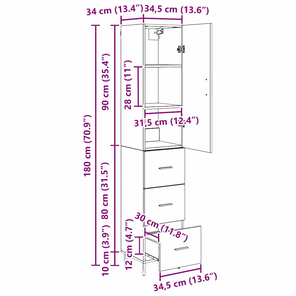 Highboard Crni hrast 34,5 x 34 x 180 cm Konstruirano drvo