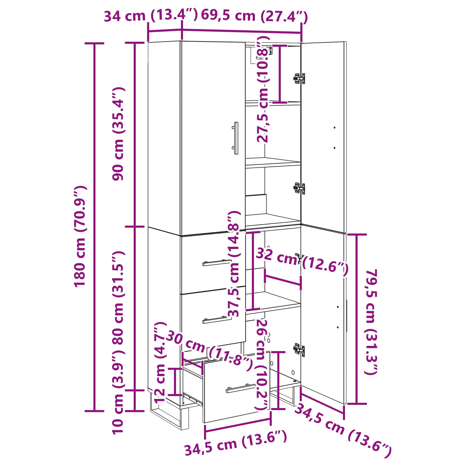 Highboard s ladicama 2 pcs Crni hrast 69,5 x 34 x 180 cm