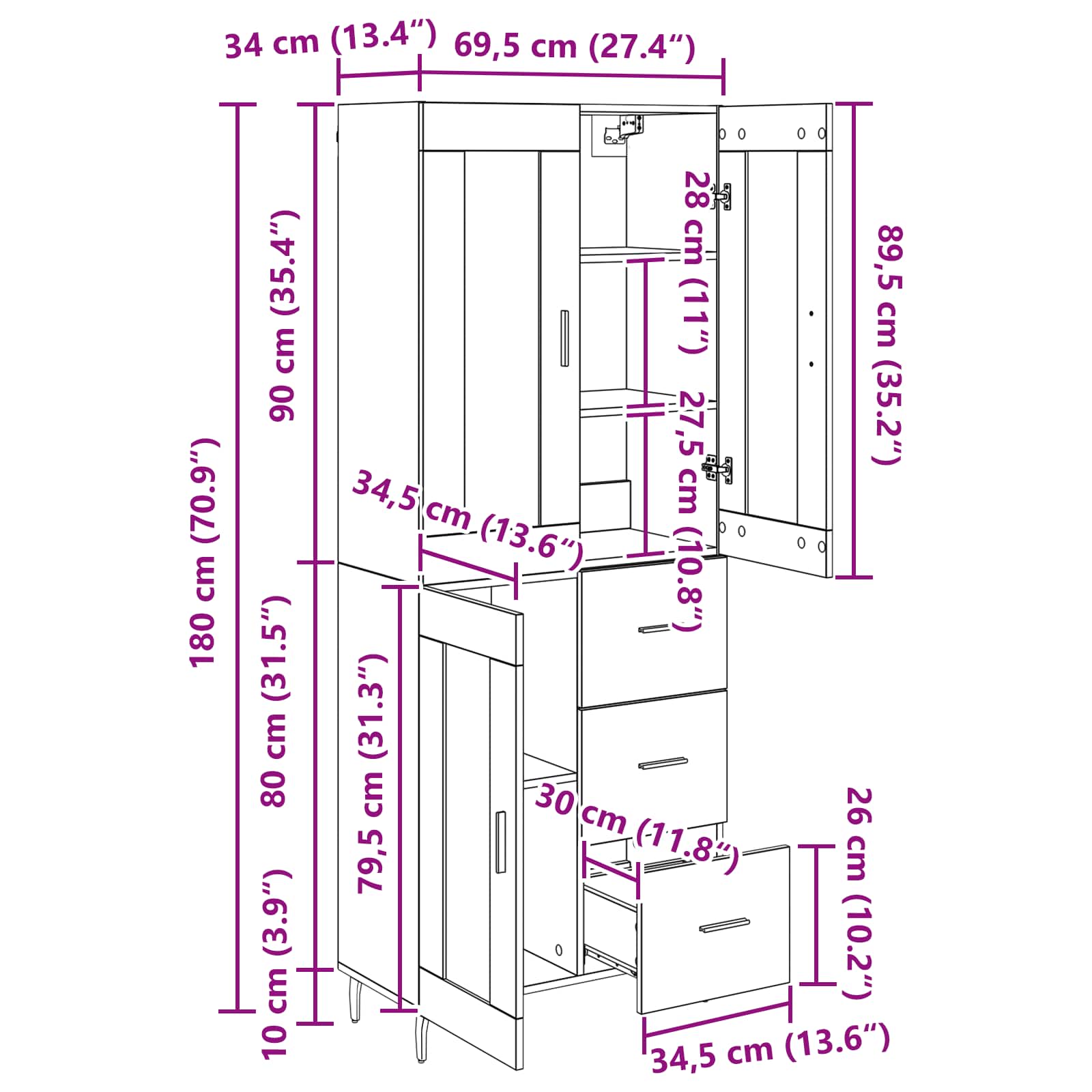 Highboard s ladicama 2 pcs Crni hrast Konstruirano drvo