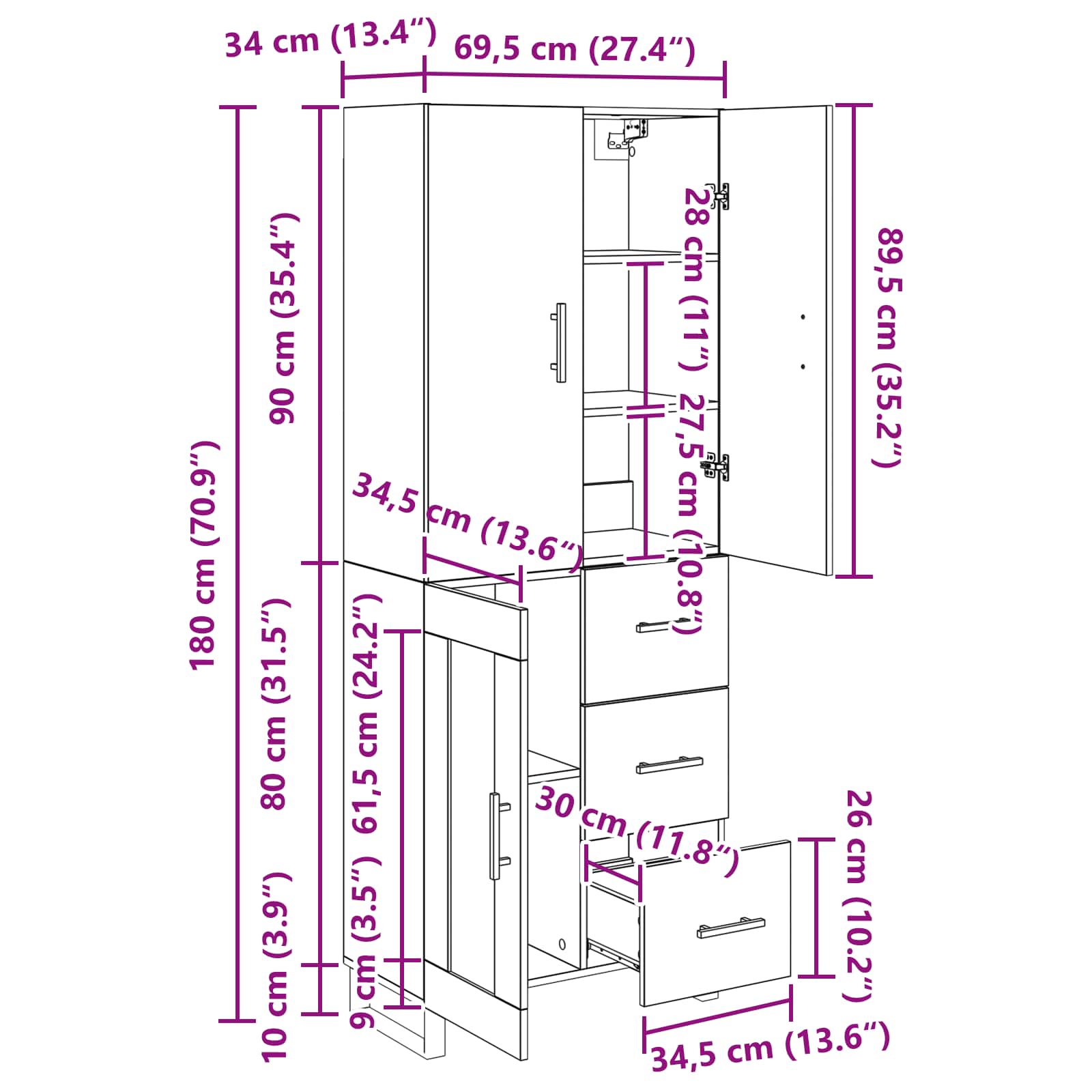 Highboard s ladicama 2 pcs Crni hrast 69,5 x 34 x 180 cm