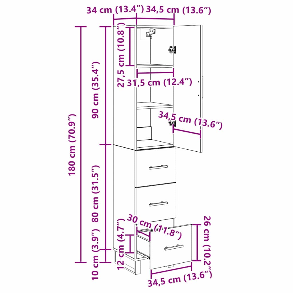 Highboard Crni hrast 34,5 x 34 x 180 cm Konstruirano drvo