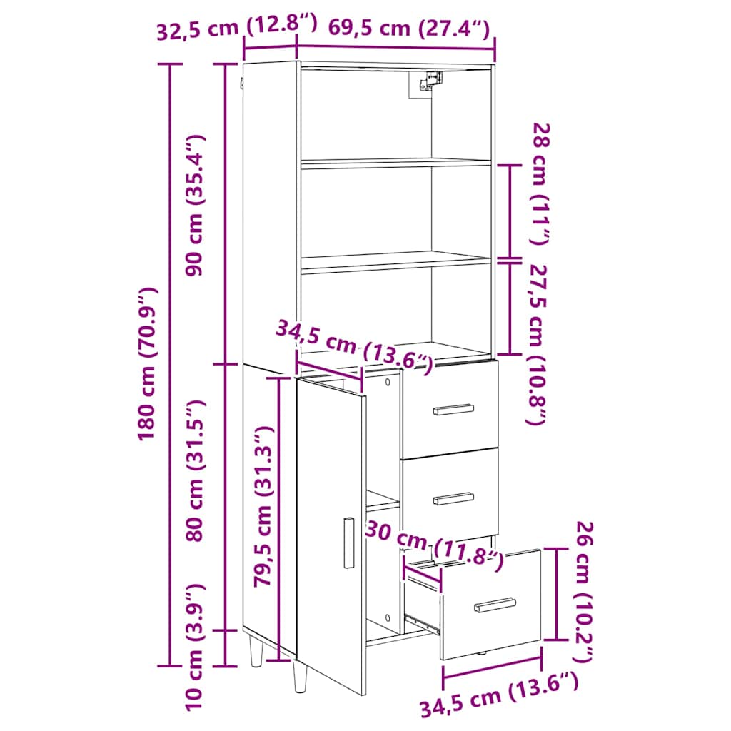 Highboard Crni hrast 69,5 x 32,5 x 180 cm Konstruirano drvo