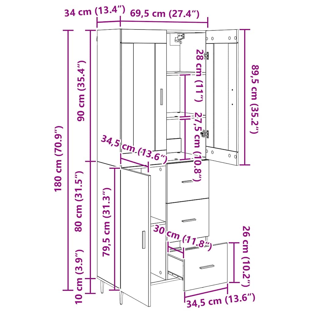 Highboard s ladicama 2 pcs Crni hrast Konstruirano drvo