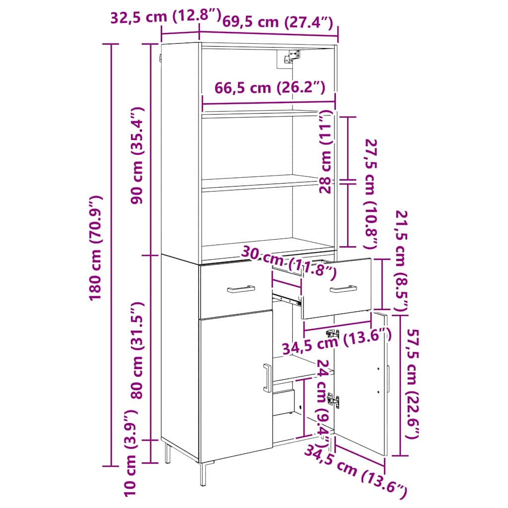 Highboard Crni hrast 69,5 x 34 x 180 cm Konstruirano drvo