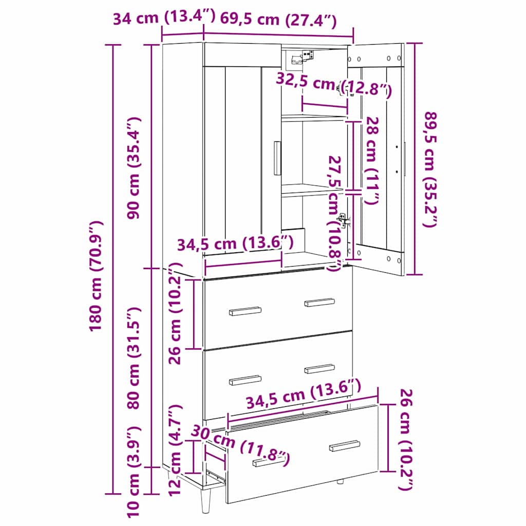 Highboard s ladicama Crni hrast 69,5 x 34 x 180 cm