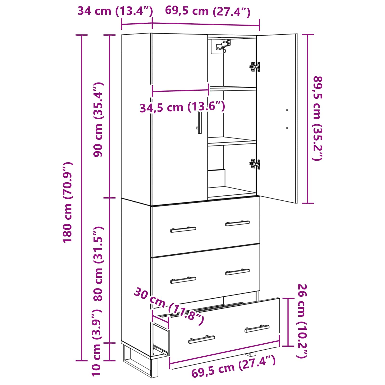 Highboard s ladicama 2 pcs Crni hrast 69,5 x 34 x 180 cm
