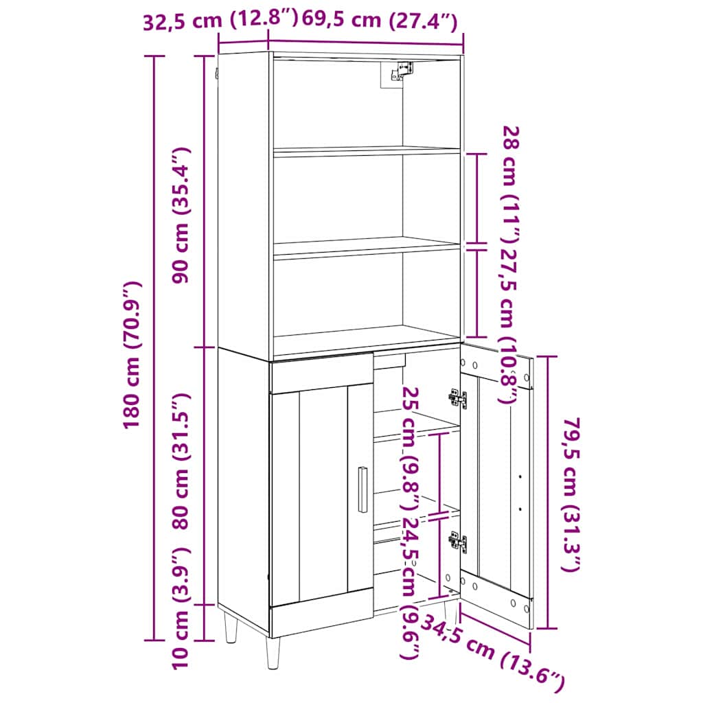 Highboard Crni hrast 69,5 x 32,5 x 180 cm Konstruirano drvo