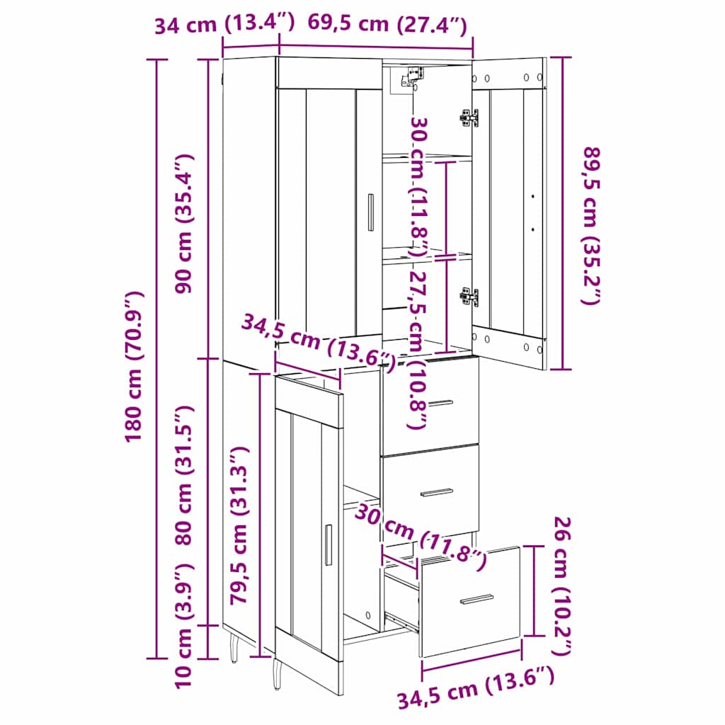 Highboard 2 pcs Crni hrast 69,5 x 34 x 180 cm Konstruirano drvo