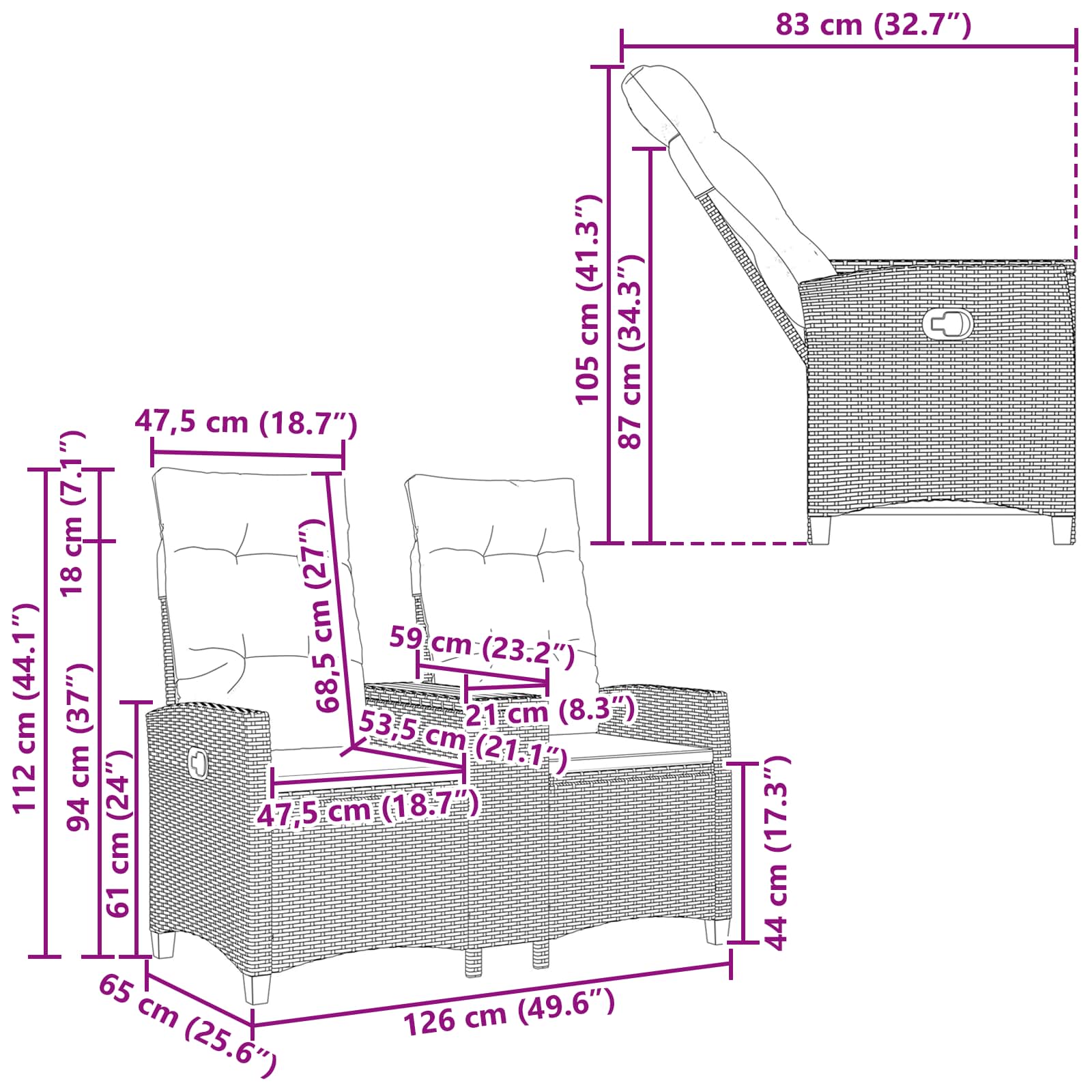 Rekreativna klupa s stolom Crna i krem-bijela 126 x 65 x 112 cm