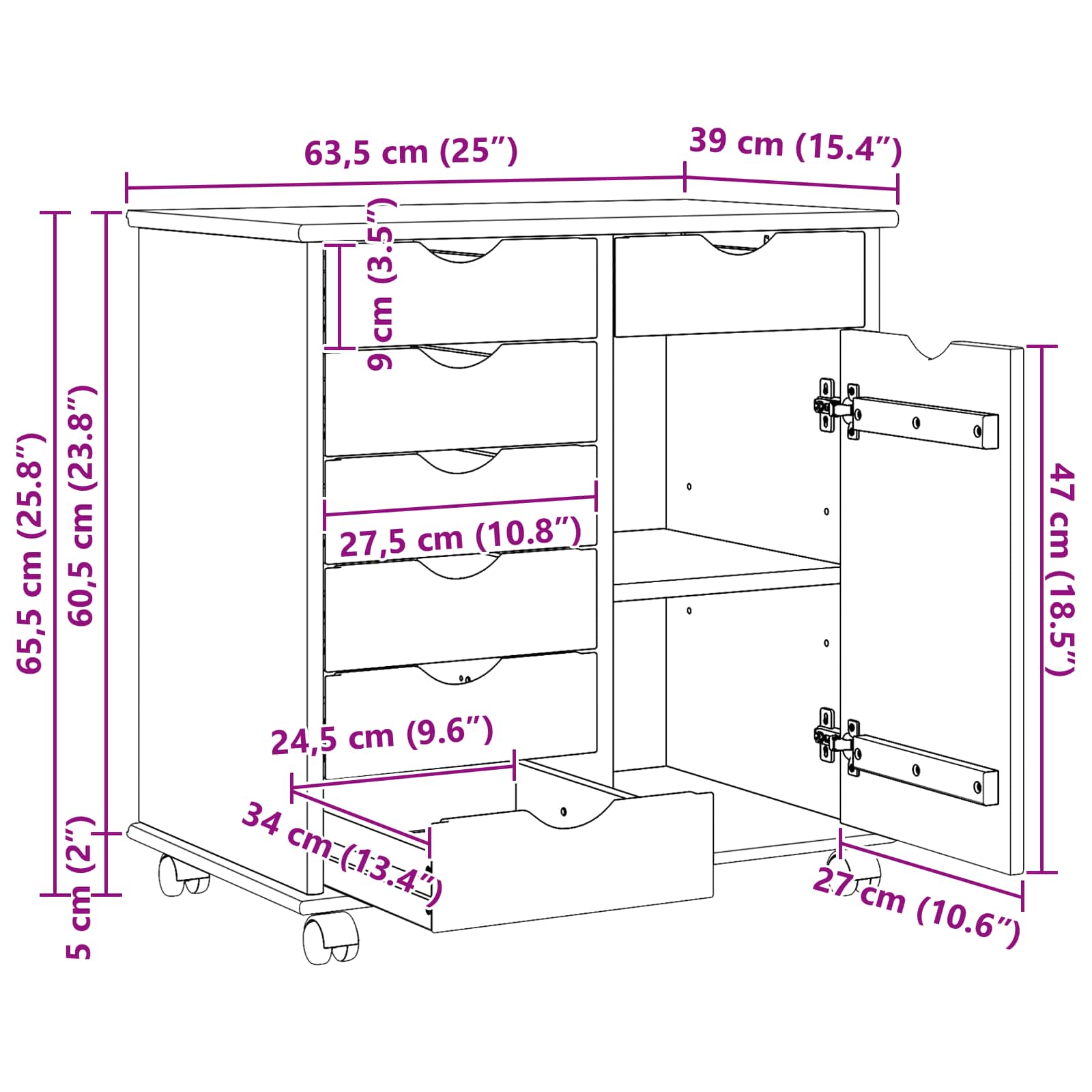 Mobilni ormar Bijelo 63,5 x 39 x 65,5 cm Čvrsto borovo drvo