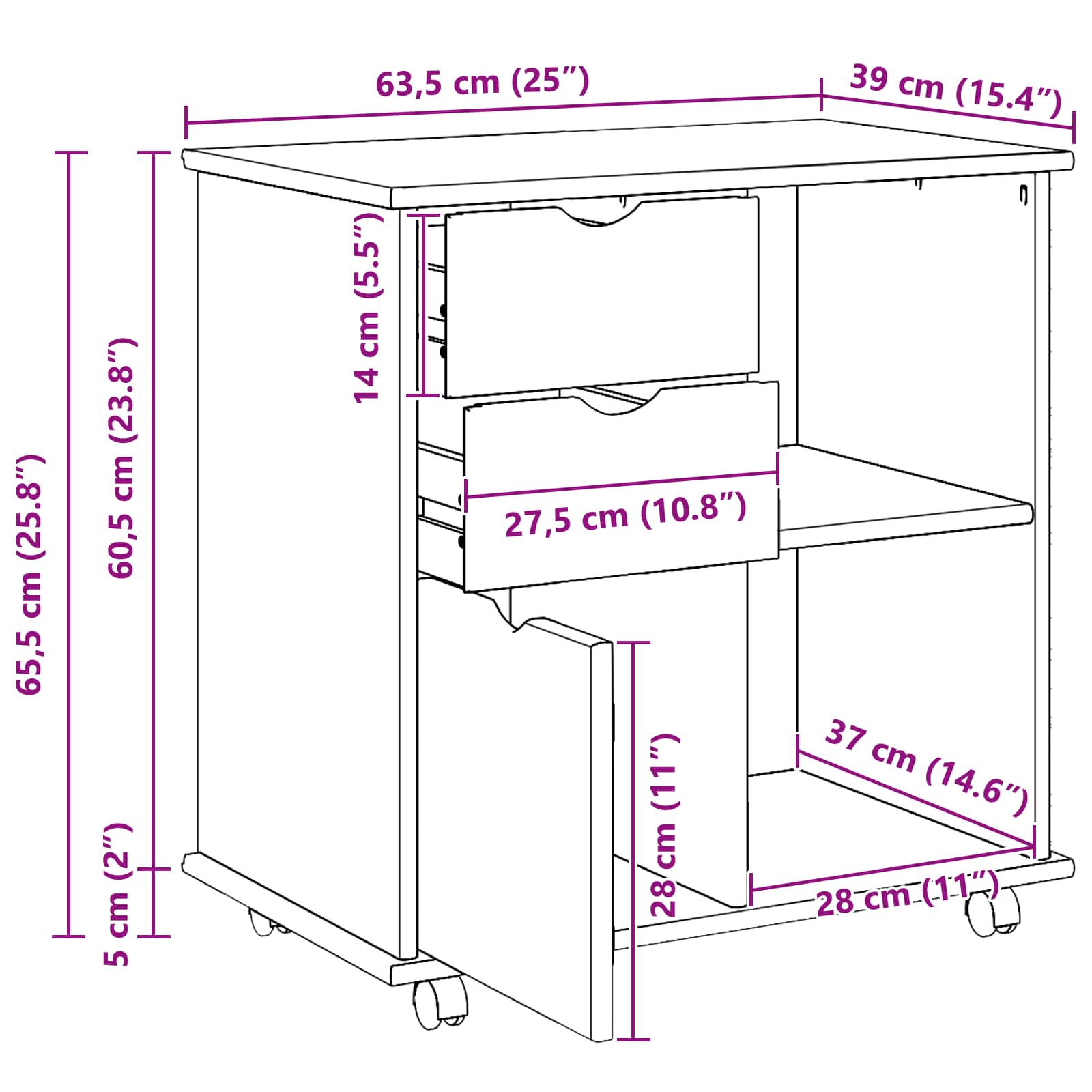 Mobilni ormar Bijelo 63,5 x 39 x 65,5 cm Čvrsto borovo drvo