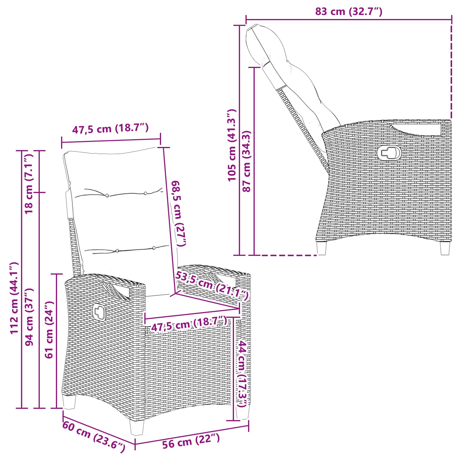 Vrtna stolica 2 pcs Crna 56 x 64 x 94 cm Čelik i poliester