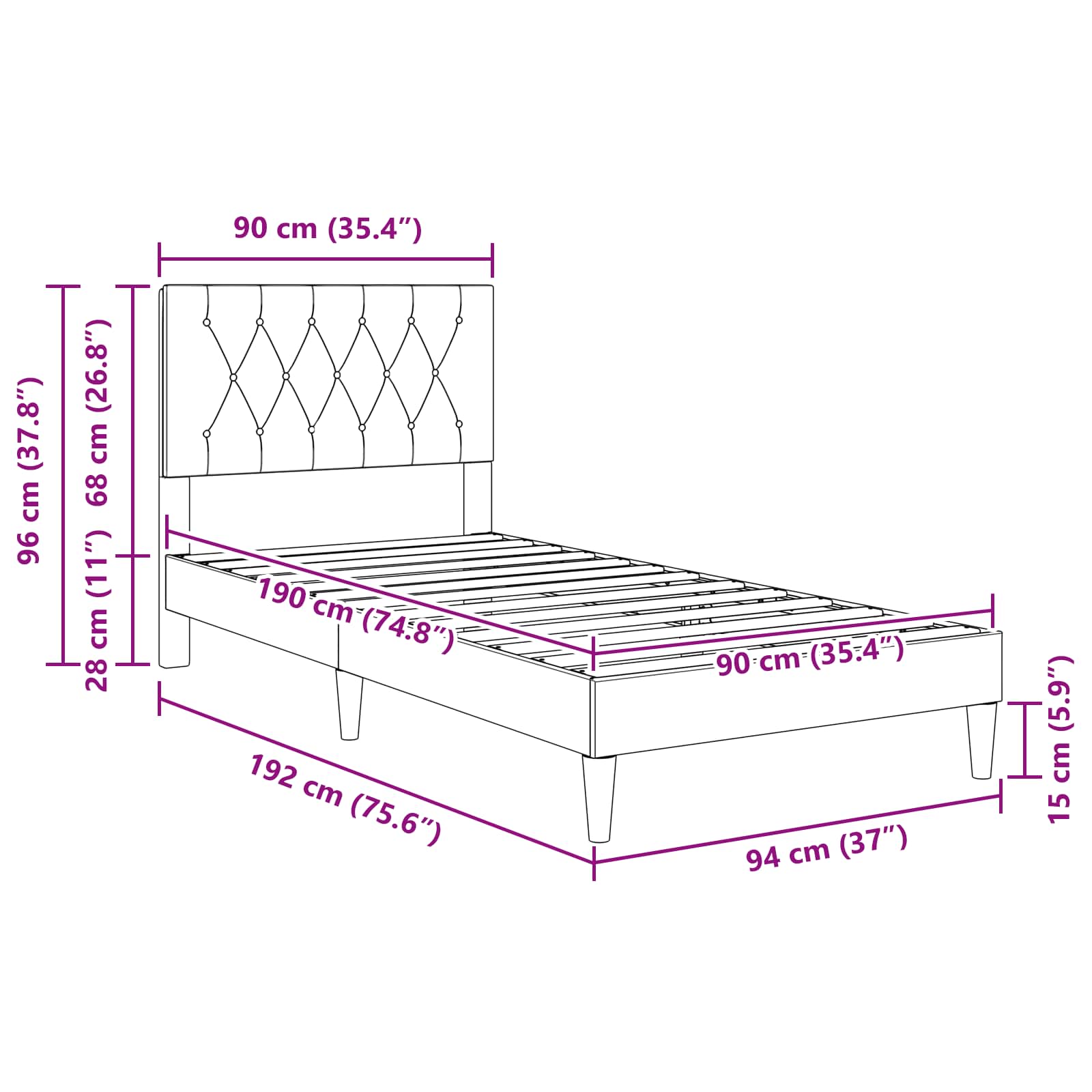 Krevetna konstrukcija s uzglavljem Crna 90 x 190 cm Baršun