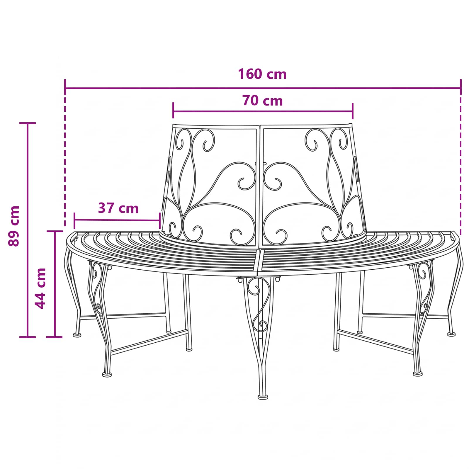 Klupa pod drvetom 4-Broj sjedala 160 x 80 x 89 cm Čelik Crna