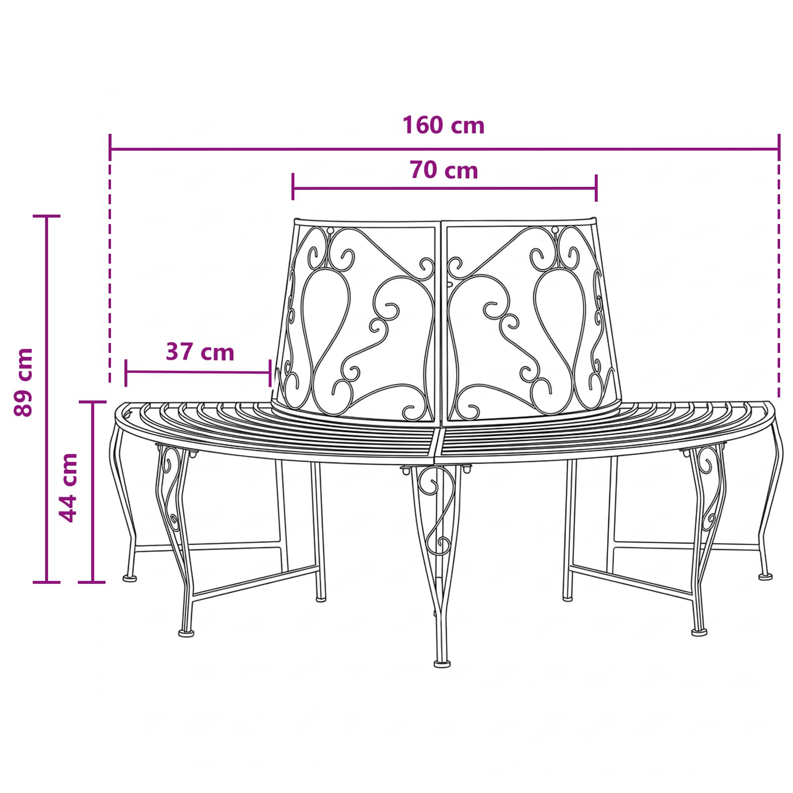 Klupa pod drvetom 4-Broj sjedala 160 x 80 x 89 cm Čelik Crna