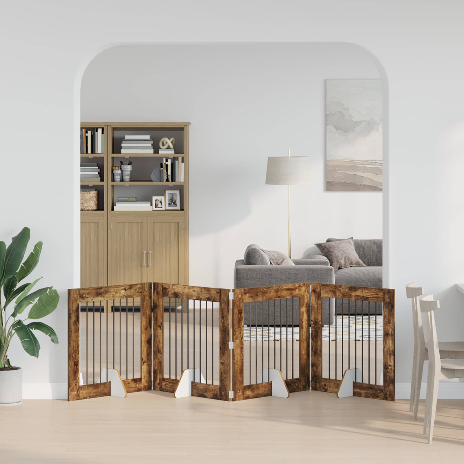 Vrata za pse s postoljem 4 pcs Dimljeni hrast 80 x 80 cm