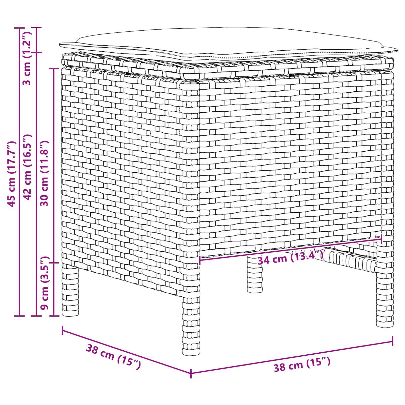 Vrtni otoman s jastukom 2 Komad Crna 38 x 38 x 45 cm PE ratan