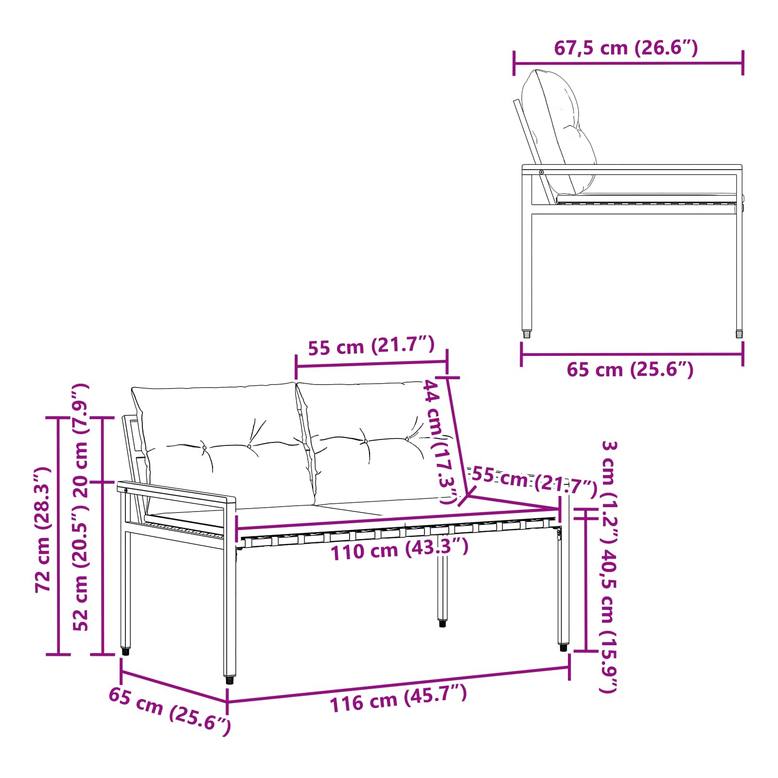 Vanjska klupa 2 -Seater 116 x 67,5 x 72 cm poliratan Tamnosiva
