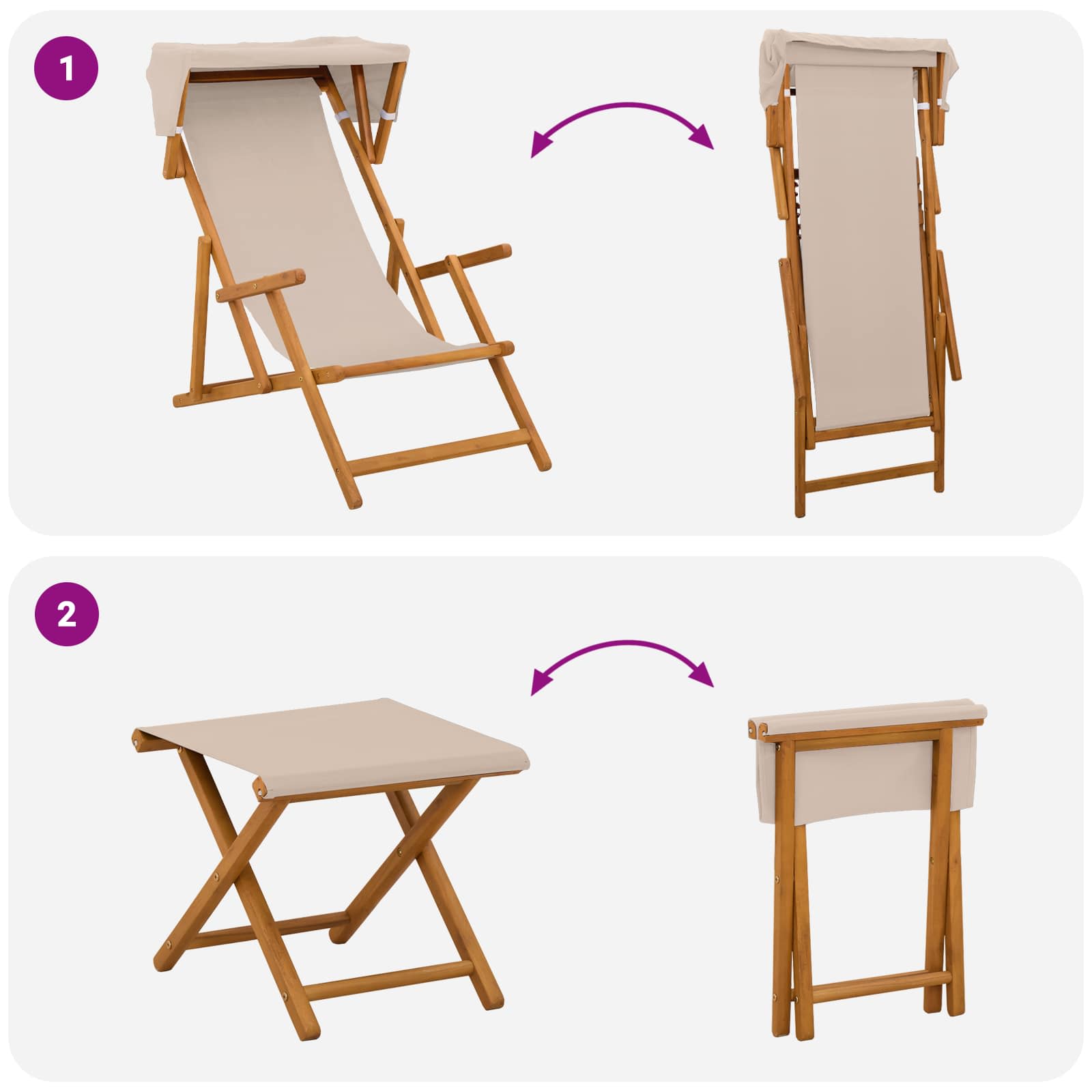Ležaljka 4 pcs 3 Pozicija Čvrsto drvo eukaliptusa Bež