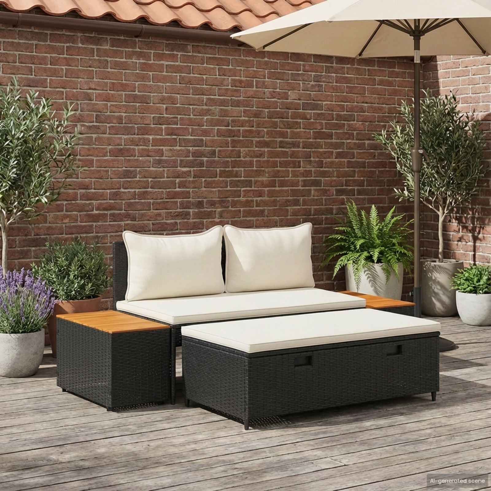 Set vanjskih sofa 4 pcs Crna i krem-bijela Poliratan i Akacija