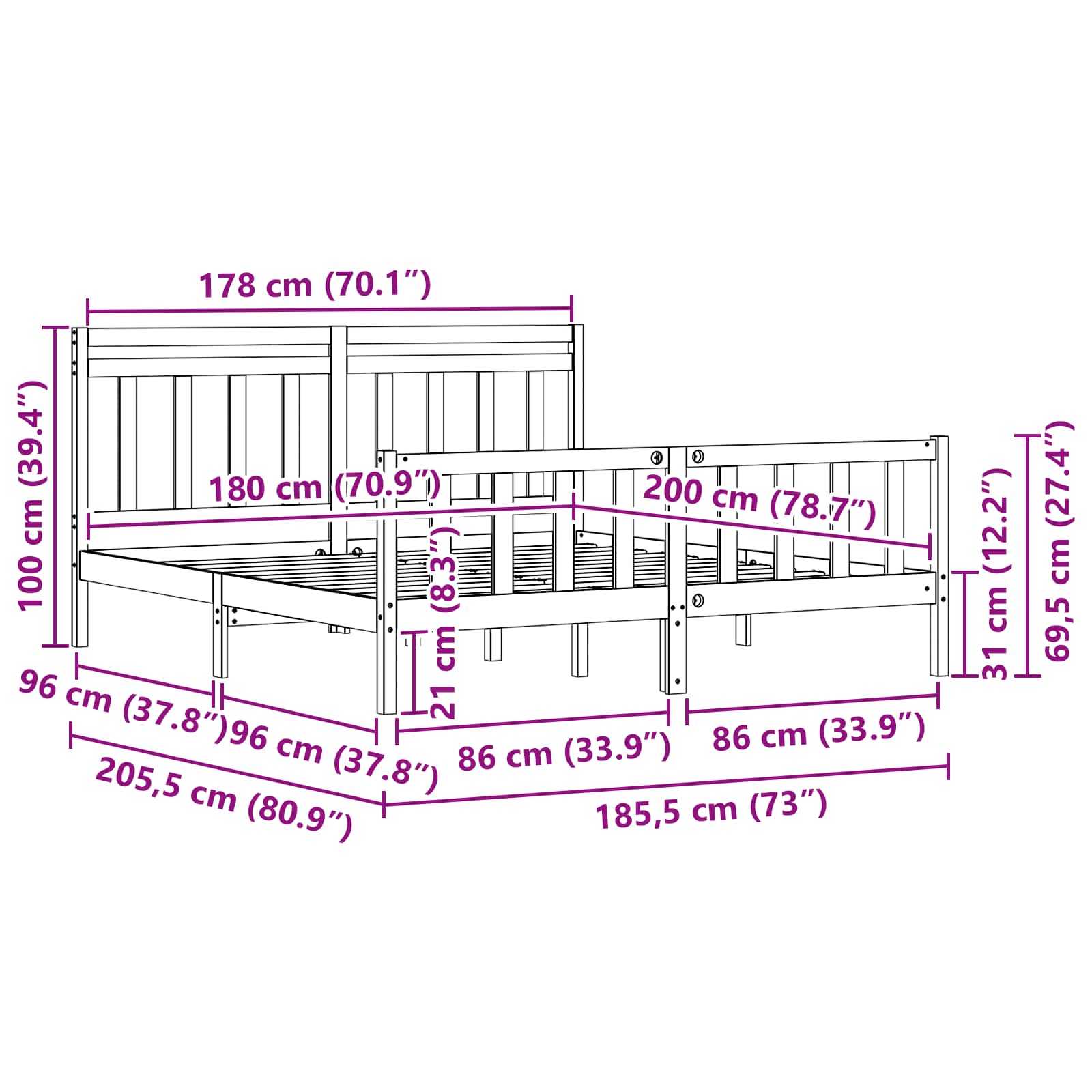 Krevetna konstrukcija 2 pcs Vosak smeđa 205,5 x 185,5 x 100 cm